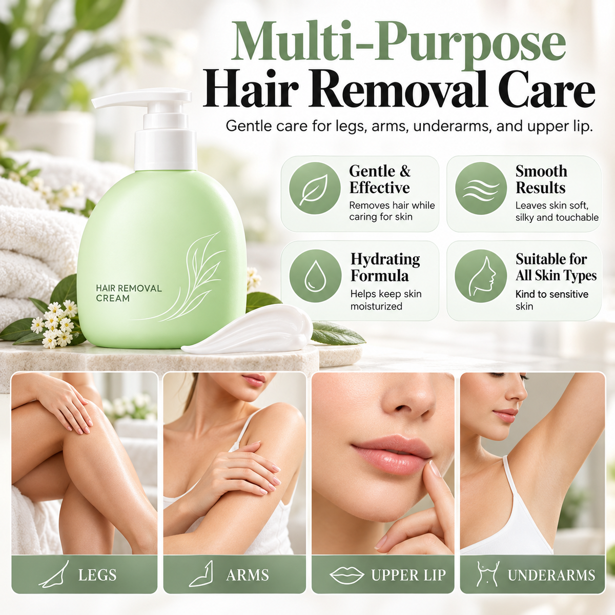 🌸 LIMITED-TIME 50% OFF! ✨ Gentle Hair Removal Cream – Smooth Skin, No Dark Spots, Botanical Infusion 🧴