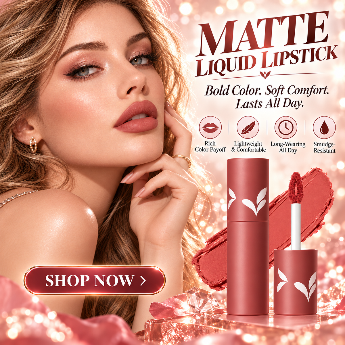 💋✨24H Long‑Lasting Matte Lipstick – Smudge‑proof, transfer‑resistant, vibrant colour. 👄🌹