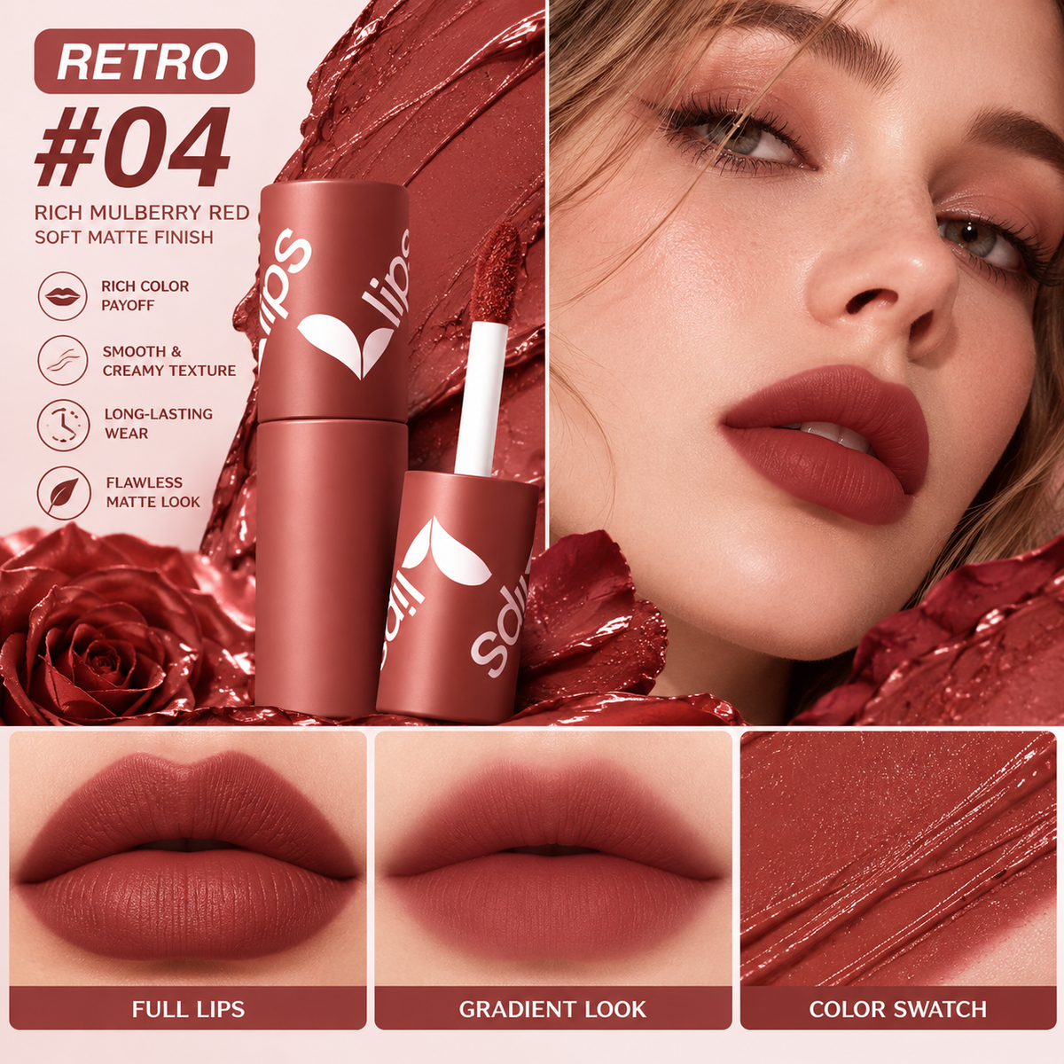 💋✨24H Long‑Lasting Matte Lipstick – Smudge‑proof, transfer‑resistant, vibrant colour. 👄🌹