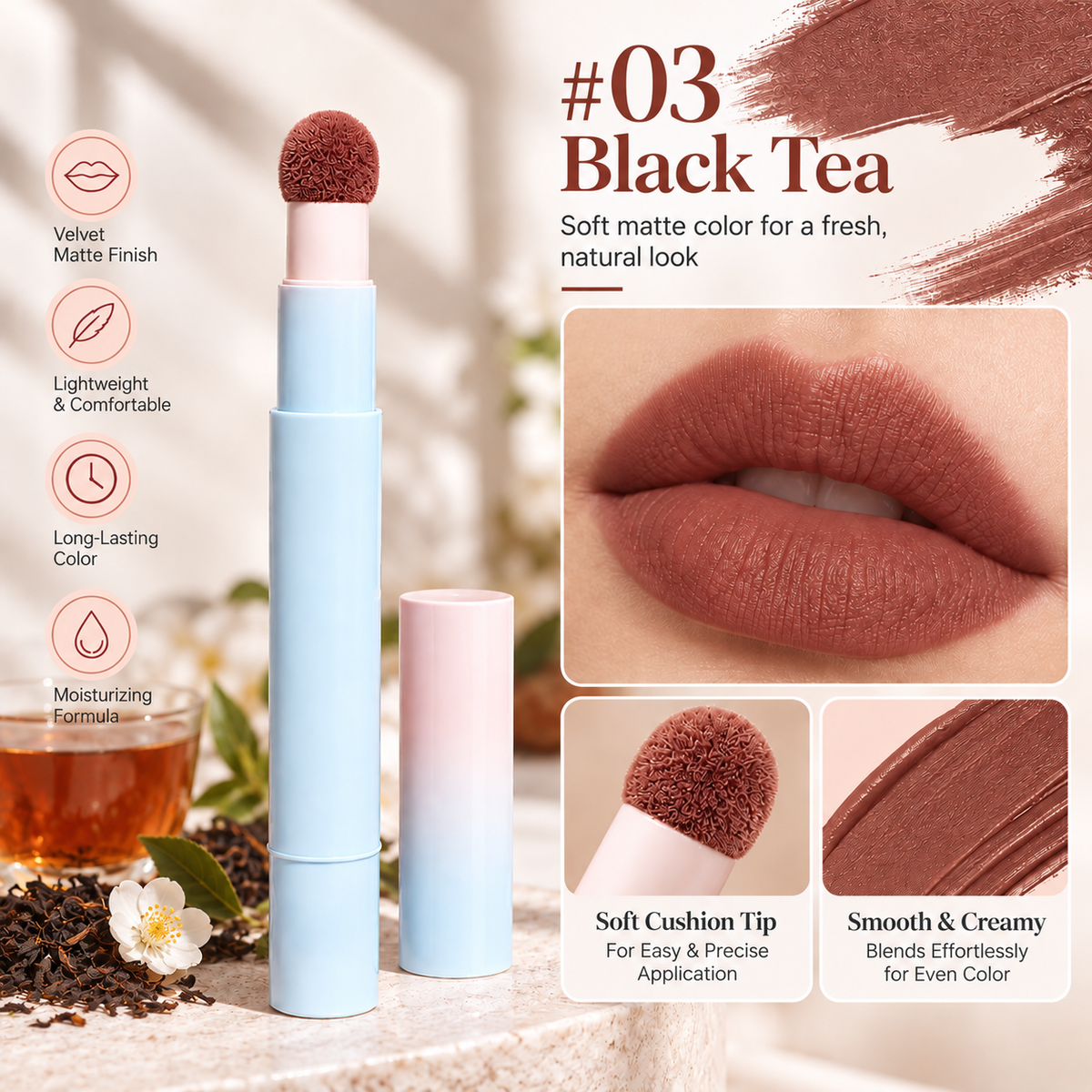 👄Soft Matte Finish Lipstick with Puff Applicator
