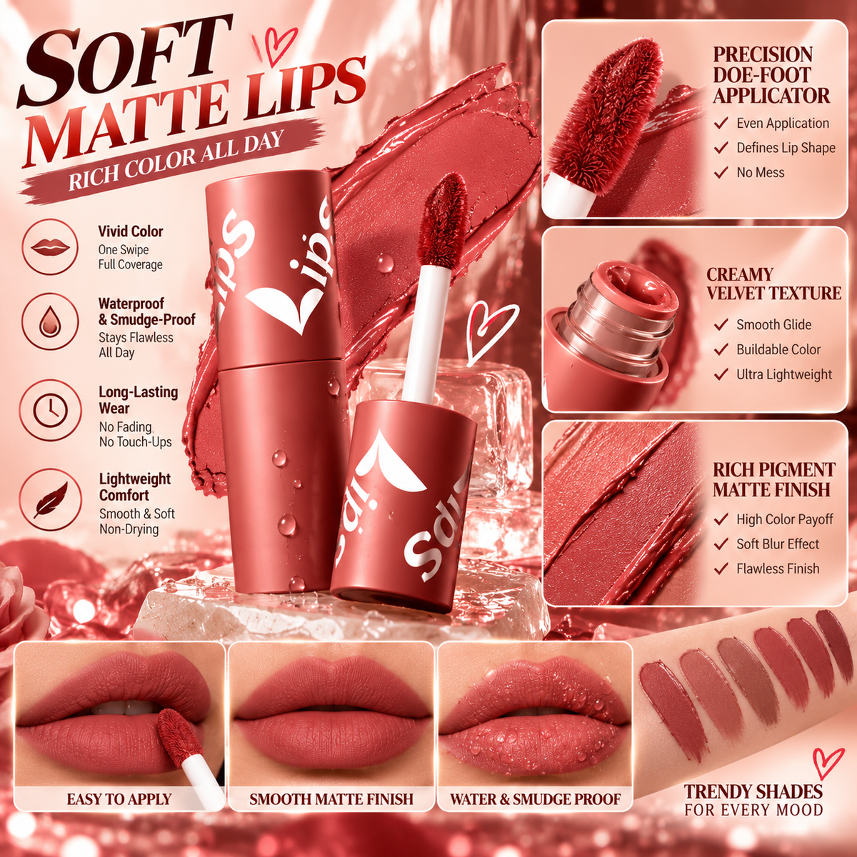 💋✨24H Long‑Lasting Matte Lipstick – Smudge‑proof, transfer‑resistant, vibrant colour. 👄🌹