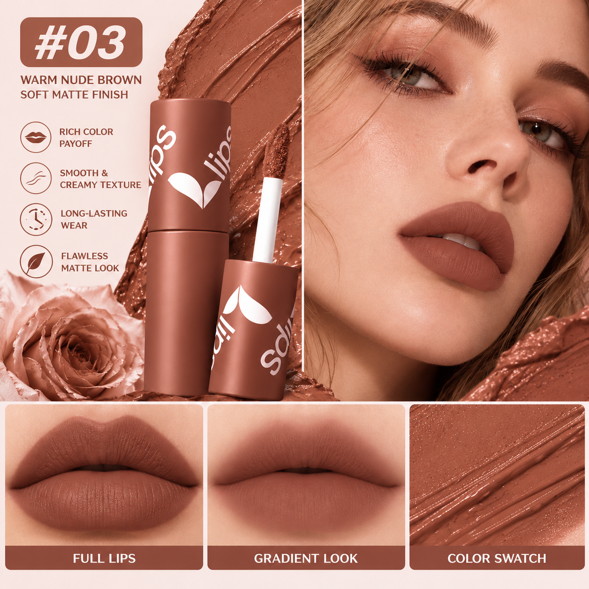 💋✨24H Long‑Lasting Matte Lipstick – Smudge‑proof, transfer‑resistant, vibrant colour. 👄🌹