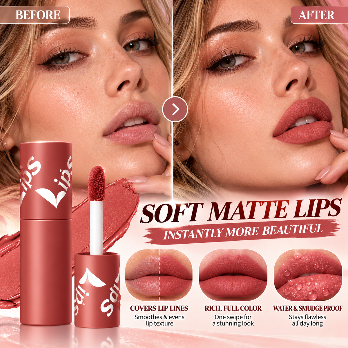 💋✨24H Long‑Lasting Matte Lipstick – Smudge‑proof, transfer‑resistant, vibrant colour. 👄🌹